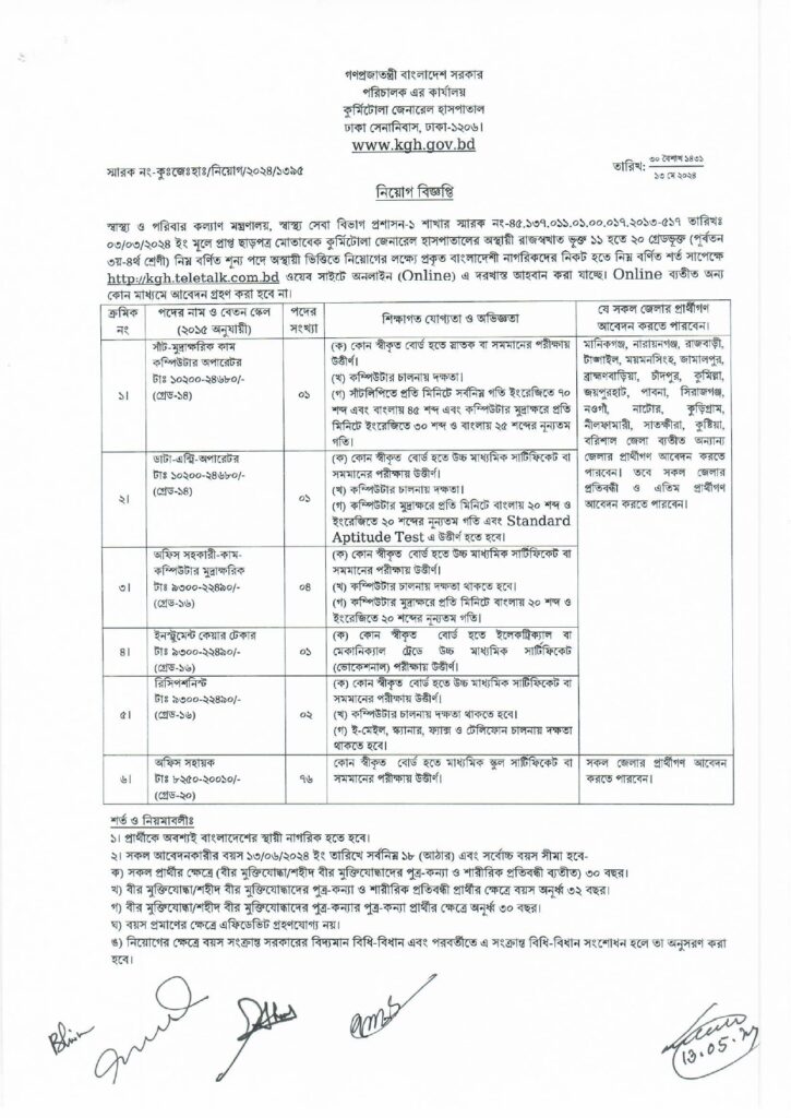 Kurmitola General Hospital KGH Job Circular 2024